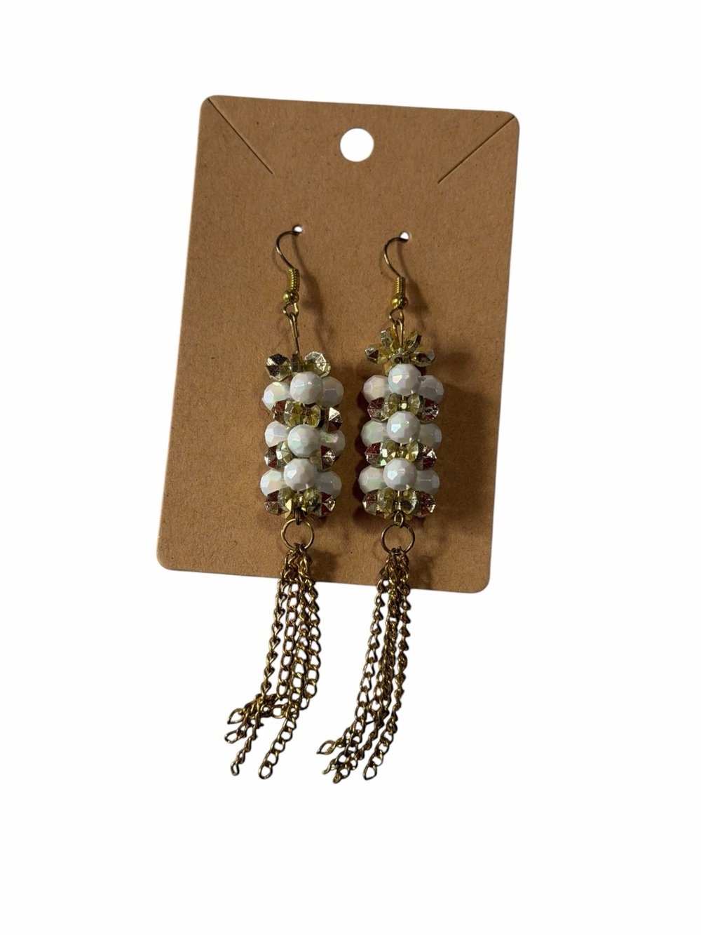 Gold Tassel Bead Drop Earrings - White Beads